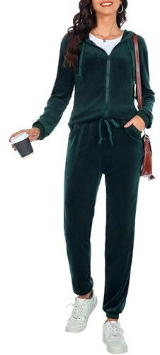 Aottori Donna Tuta Velluto Ciniglia Invernale Sportiva Tuta Casa Manica Lunga Pigiami Due Pezzi Felpa con Cappuccio e Pantaloni Verde Scuro XXL