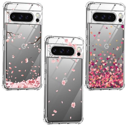 3 Pack Cover per Google Pixel 9 Pro XL, Custodia Sottile Morbido TPU Trasparente Bumper Silicone Antiurto Protettiva Custodia con Disegni Rosa