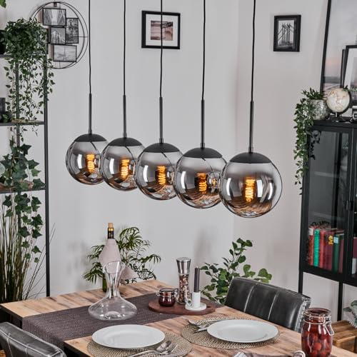 HOFSTEIN Hängeleuchte Gastor, 5-flammige Hängelampe aus Metall/Glas in Schwarz/Chrom/Rauch, Vintage-Design (Ø 20cm), E27, Pendelleuchte höhenverstellbar max. 140cm, Esszimmer, Wohnzimmer, Küche