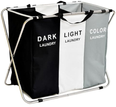 Large Foldable Laundry Basket with 3 Compartments, Stainless Steel Holder, Dirty Laundry Bag with Handle for Bathroom, Bedroom, Home (Improved model)