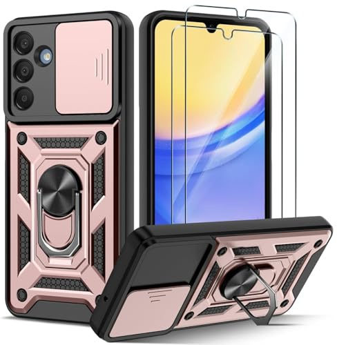 PIXFAB for Samsung Galaxy S24 FE Case with 2 x Screen Protector Tempered Glass, Shockproof Case with Camera Lens Protection, Protective Ring Armour Phone Case Cover with [Kickstand] - Rose Gold