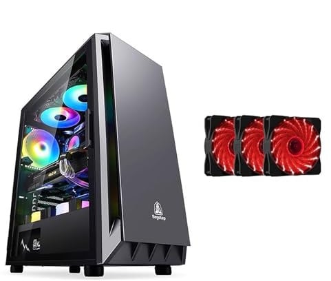 Computer Case Tempered Glass Mid-Tower ATX Case - Compatible With ATX Motherboard - High-Airflow - Cable Management System - USB 3.0 - Includes Red 15 Light Fan(Black,6 fans)