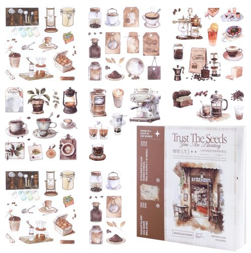 50-seitige Kaffee PET Scrapbook Aufkleber, Mülltagebuch Zubehör, vorgeschnittenes ästhetisches PET Material, erwachsenes Aquarell Scrapbook, dekorative Mayfly Ball Planer Handwerk(Kaffee)