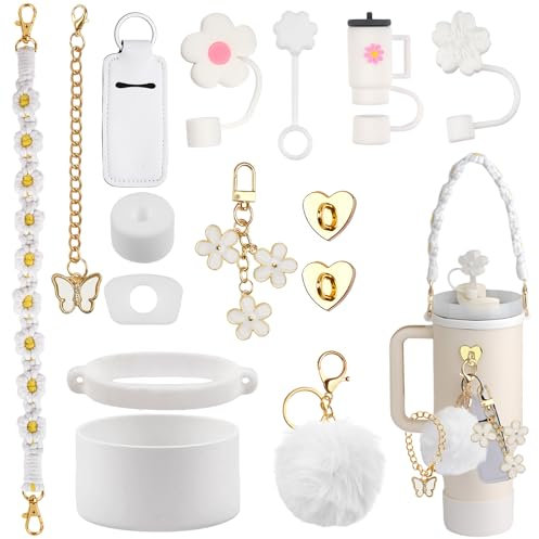 15 Stück Stanley Cup Zubehör Set, Aesthetic Stanley Cup Accessories - 4 Strohhalm Abdeckung, Wasserflasche Griff Riemen, Siliocne StanleyCup Stiefel, für Stanley Cup 800ml -1100ml (Weiß)
