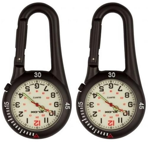 Klox 2 Stück Clip-on-Karabineruhr, Rucksack-Taschenuhr mit Gürtelschlaufe, Unisex-Uhr für Ärzte, Krankenschwestern, Outdoor-Aktivitäten, Sanitäter (Schwarz mit weißem Ziffernblatt)