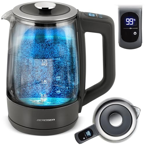 Berdsen Wasserkocher Mit Temperatureinstellung Glas Borosilikatglas 1,7 L Warmhaltefunktion Touchpanel Temperaturanzeige Innenbeleuchtung Grau
