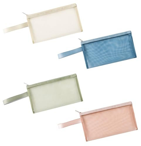 Yicoovey 4er-Set Transparente Federmappen, 22x12cm Mesh-Taschen mit 11cm Griff, Schulbedarf (Marineblau/Armeegrün/Ziegelrot/Beige)