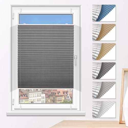 Plissee Verdunklung ohne Bohren Verdunklungsplissee Klemmfix Graue 90x130cm(BxH) Faltrollo 100% Blickdicht Sonnenschutz & Schallschutz Plisseerollo für Fenster