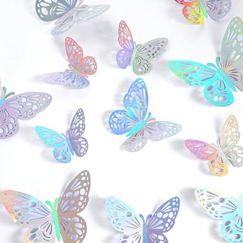 Wanmu 60 Stück Laser Schmetterling Wandaufkleber, 3 Größen Abnehmbare 3D Schmetterlinge Deko, Spiegel Funkeln Hohle Wandtattoo für Kinderzimmer, Hochzeit, Party, Geburtstag