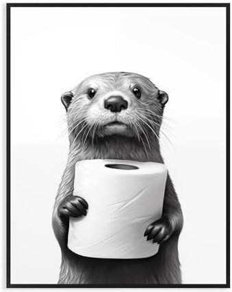 Dazzlewall Lustiges Badezimmer WandBild, Niedlicher Otter mit Toiletten Bild, Schwarz Weiß Tierbild für Badezimmer Toiletten Deko 12x16 Zoll Ungerahmt
