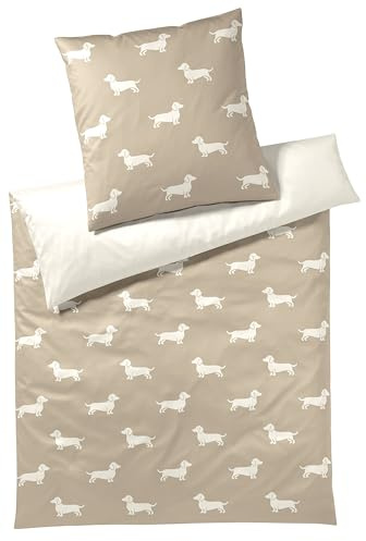 elegante Mako-Satin-Bettwäsche-Garnitur Dogs Farbe Natur-Beige Größe 155x220+80x80