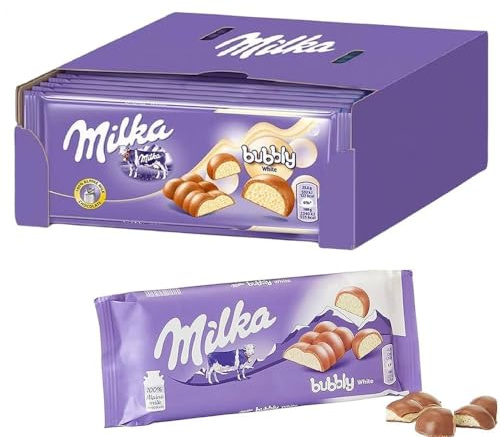 MILKA Bubbly White, Cioccolato al Latte delle Alpi con Ripieno Bianco Aerato, Confezione da 15 Barrette