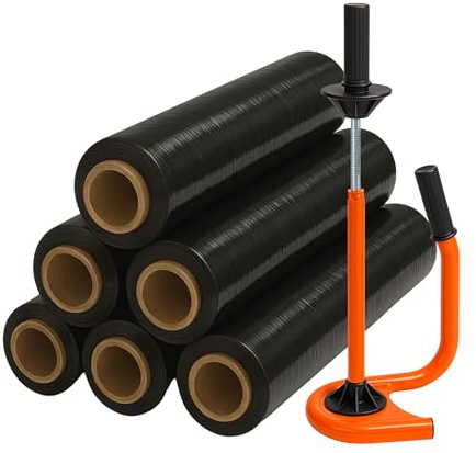 KUZI® Stretchfolien Abroller Profi Orange + 6 Rollen 2,5 kg Stretchfolie 23 my – extra reißfest – Verpackungsfolie für Paletten & Versand – 23my (schwarz)