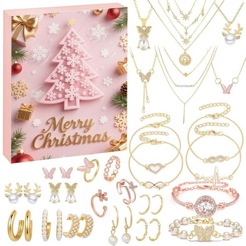 Drawelry Neuer Schmuck Adventskalender 2025 Frauen Mädchen mit Schmuck-Überraschungsbox 24 Füllung Ohrringe Halskette Armband Ohrringe Damenschmuck Weihnachten Countdown Kalender Geschenke (E)