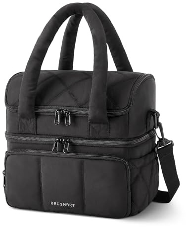 bagsmart Kühltasche Isolierte Lunchtasche Damen Doppelstöckige Wasserdichte | 12L, Puffy, mit Tragegriff Dunkelrosa, mit doppelten Reißverschlüssen, für Picknick, Büro, Camping und Reisen