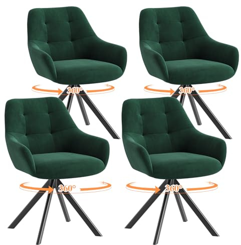 COLAMY Drehbare Esszimmerstühle 4er Set, Esszimmerstühle Drehbar mit Armlehne, Armlehnstuhl Drehbar mit Rückenlehne für Esszimmer, Stühle aus Weichem Florstoff mit Metallgestell für Küche, Grün