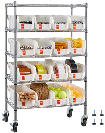 VEVOR 5-Tier Rolling Bin Storage Rack, 16 Organizer Bins, Bin Rack Storage Steel Wire Shelving System with Wheels, Mobile Tool Organizer for Garage, Warehouse, Office, Restaurant, Classroom, Kitchen