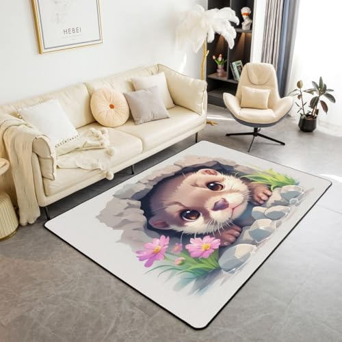 Erosebridal Cute Cartoon Otter Living Room Rugs Funny Otter in A Hole Area Rug 3X5 Brown Rodent Sea Animal Carpet, Pink Flowers Green Botanical Decorative Rug