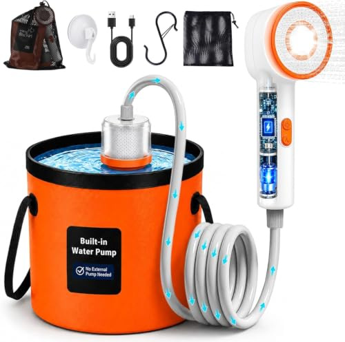 Goody King Douche Camping Portable avec Pompe Batterie 6000mAh – Kit Douche avec Seau Pliable 20L, Pommeau 3 Modes, Tuyau 2m, IPX7 Étanche, Charge USB-C – Douche Extérieure Camping Car Chien Jardin