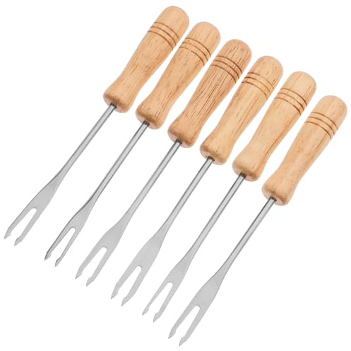 CHICAMPERA 6 Pièces Fourchettes en Acier Inoxydable à Fondue Multifonctionnelles Manche en Bois, Faciles à Nettoyer, pour Fruits et Fondue en Extérieur ou Voyage