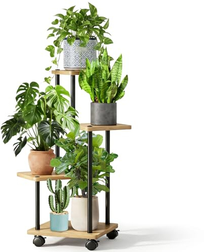 Cyiecweu Blumenständer mit Rollen, 4 Etagen Pflanzenständer aus Metall und Holz, Platzsparend Indoor Pflanzenregal, Modernes Blumenregal Blumenhocker für Wohnzimmer Schlafzimmer Regal