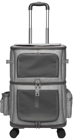 QLECXZI Zwei Fächer im Trolley Koffer erleichtern das Reisen mit kleinen Hunden. Praktische Seitentaschen inklusive. Doppellagiger Haustier Trolley Koffer/Katzenrucksack