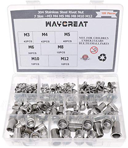 Waykino Rivet en acier inoxydable écrou, fileté Rivetnut Insérer Nutsert M3 M4 M5 M6 M8 M10 M12 Kit Assortiment argent