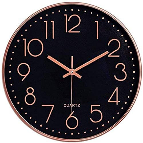 Taodyans Silent Wall Clock 12 In Kitchen Clock Quartz Battery Operated Round Modern Home Decor Clock for Office Class Room Living Room Bedrooms (Black-Rose gold)