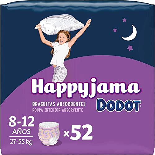Dodot Pañales HappyJama para Niña 8 -12 Años (27-55 kg), 52 Unidades, Pañal con Protección Anti-Fugas Durante la Noche
