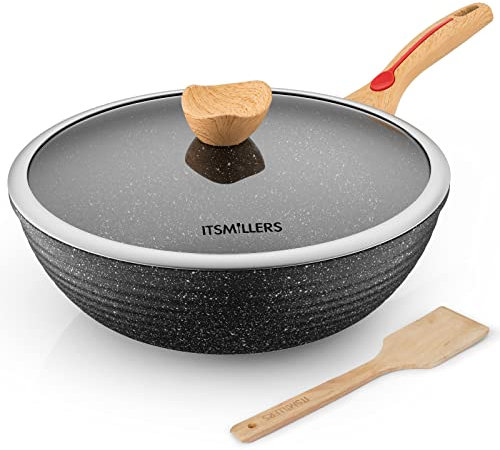 ITSMILLERS Chinesischer Wok, Druckguss, antihaftbeschichtet, kratzfest, mit Deckel und Spatel, PFOA-frei, spülmaschinenfest und Induktionsboden, 32,5 cm, 6 l