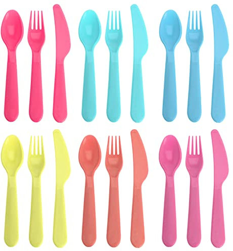 MIJOMA Lot de 18 couverts en plastique, couteau, fourchette, cuillère, réutilisable, léger, passe au micro-ondes et au lave-vaisselle, idéal pour voyage, camping, fête, pique-nique, utilisation en