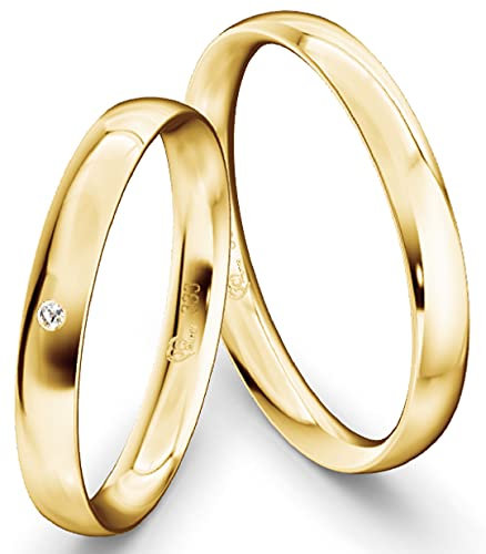 JC Trauringe Gelbgold 333 Paarpreis Eheringe Gold I Verlobungsringe Gold breit 3,0 mm I Partnerringe mit Gravur in edler Schatulle I 2 Hochzeitsringe Herrenring & Damenring mit Stein I Profil 04