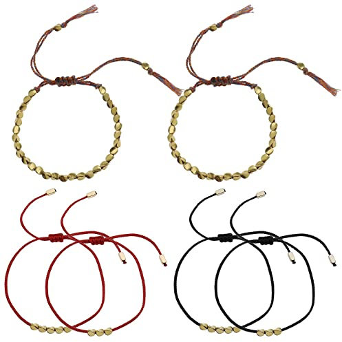 eMagTech 6pcs Tibétain Cuivre Perles Bracelets Bouddhiste Chanceux Bracelet Main Tressé Corde Réglable Bonne Chance Amulette Bijoux Cadeau pour Femmes Hommes Enfants