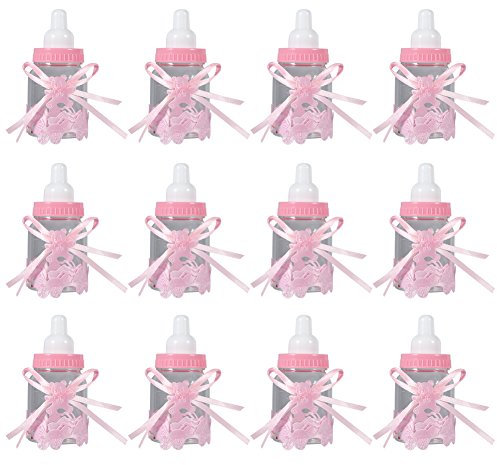 Baby-Duschflasche, Mini-Plastik-Süßigkeitsflasche, Babyflasche, Süßigkeiten, Pralinenschachtel, Süßes Kleines, Geburtstagsparty-Dekoration (12 Stück Rosa)(Rosa)