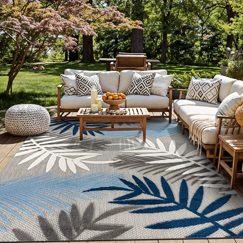 Rugshop Indoor/Outdoor Palm Leaf Area Rug, Non-Shedding Easy-Care Design for Backyard, Deck and Outdoor Lounge, Blue, 7'10 x 10'