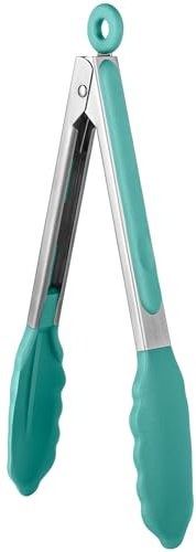 U-Taste 23 cm 315 ℃ Pince de cuisine en silicone résistant à la chaleur avec embouts en caoutchouc antiadhésif hermétiquement scellés et poignée en acier revêtue de silicone pour servir (Sarcelle)