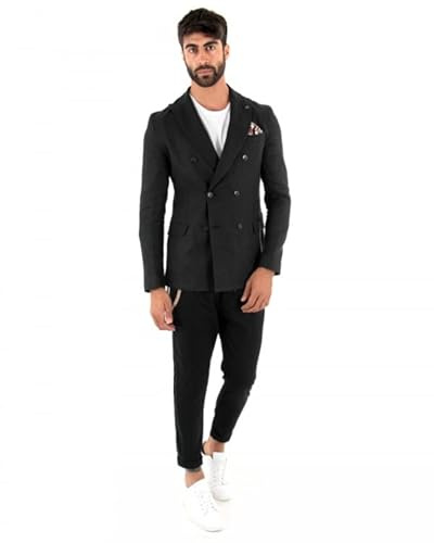 Giosal Abito Uomo in Lino Vestito Doppiopetto Completo Giacca Pantalone Tinta Unita Elegante (Nero, 46)