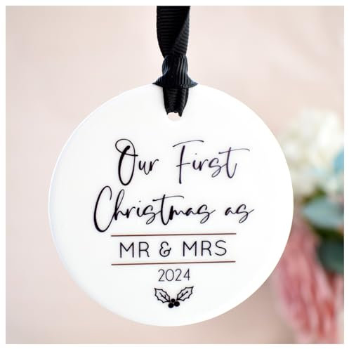 Our First Christmas as Mr & Mrs 2024 Hanging Decoration. White Ceramic Ornament for Newlyweds.Wedding Gift. Xmas Tree Keepsake Bauble