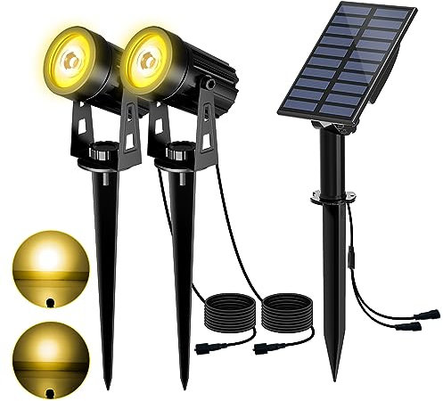 T-SUN Gartenstrahler Solar, 2 Stück Solarstrahler Solarlampen für garten, IP65 Wasserdicht LED Solarlampe mit 2 Helligkeitsstufe, 3 Meter Kabe für Bäume,Sträucher,Gartenweg (Warmweiß 3000K)