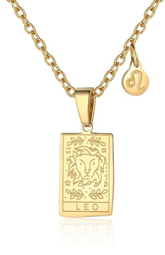 RIXERKOC Sternzeichen-Halskette für Frauen Konstellation Tarot-Karten-Anhänger Doppelseitig 18K Gold Edelstahl Sternzeichen-Schmuck Geschenke für Mädchen (Leo)