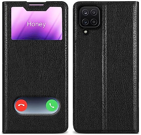 Cadorabo Hülle kompatibel mit Samsung Galaxy A12 / M12 in KOMETEN SCHWARZ - Schutzhülle mit Magnetverschluss, Standfunktion und 2 Sichtfenstern