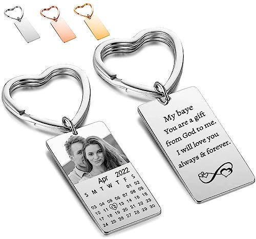 Reuhen Porte-clés Personnalisé avec Gravé Date Photo et Texte, Personnalisé Amour Cadeau pour Anniversaire pour Homme Femme Couple Petit Ami Père Famille Anniversaire