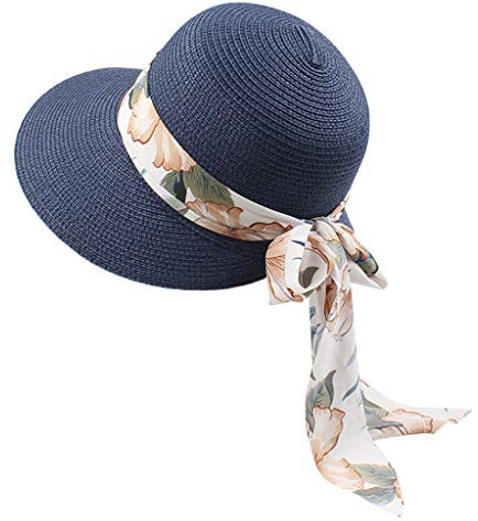 Damen Faltbare Breiter Krempe Strohhut Tragbar Sonnenhut für Outdoor Sommer Atmungsaktiv Strandhut mit Blumenmuster UV Sonnenschutz Strohhut mit Nackenschnur UPF50+ Sommerhut