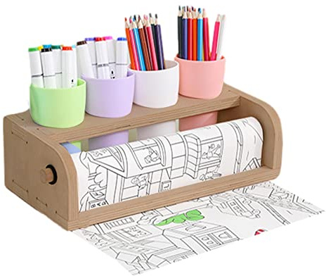 higyee Rollenhalter für Zeichenpapier | Holzrolle Zeichenpapier Stifthalter mit Behältern | Sauberer Papierschnitt und hervorragend für Kinder, die auf dem Tisch zeichnen, Tischzubehör