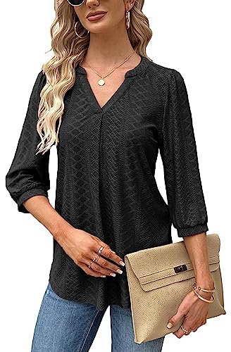 Damen Bluse Elegant V-Ausschnitt 3/4 Ärmel T-Shirts Oberteile Lässige Tunika Kurzarm Shirt Blusen Casual Solide Tops Longshirt für Sommer Hemdbluse Schwarz XL