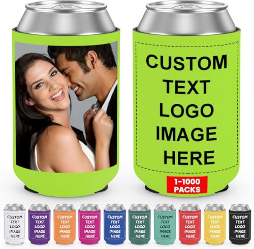 Valyria Enfriador de latas personalizado a granel plegable para latas de cerveza, soporte para botellas de bebidas con logotipo, texto de imagen para bodas, fiestas de cumpleaños, pesca, picnics,