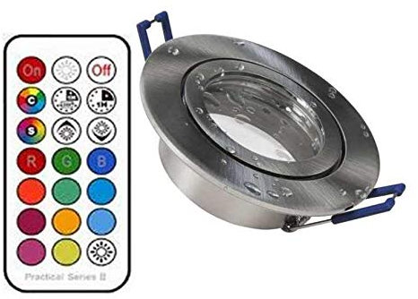 Licht-Idee 3 x Led Feuchtraum Einbaustrahler eisengebürstet+RGB Led + kaltweiß dimmbar mit Timer, memorie Funktion und Fernbedienung 230V