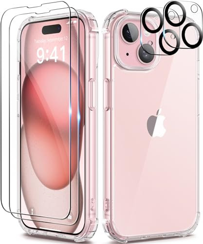 TIESZEN Kompatibel mit iPhone 15 Plus Hülle, [5 in 1] mit 2X Displayschutzfolie für Kamera Objektiv Schutz, [Nicht vergilbt] Crystal Clear Shockproof Hard Phone Case für Frauen 6.7,Transparent