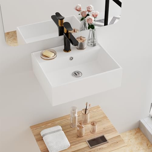 Hugsleek - Fregadero flotante de pared para baño, 16 x 13 pulgadas, rectangular, porcelana blanca, cerámica, fregadero montado en la pared, lavabo de baño, lavabo con desagüe de agujero para grifo