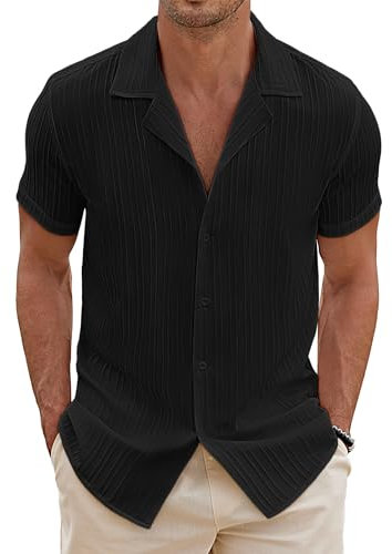 COOFANDY Men's Short Sleeve Shirt Guayabera Summer Shirts Hawaiian Button Down Wave Stripe Cuban Shirt Casual Tops Black XXL